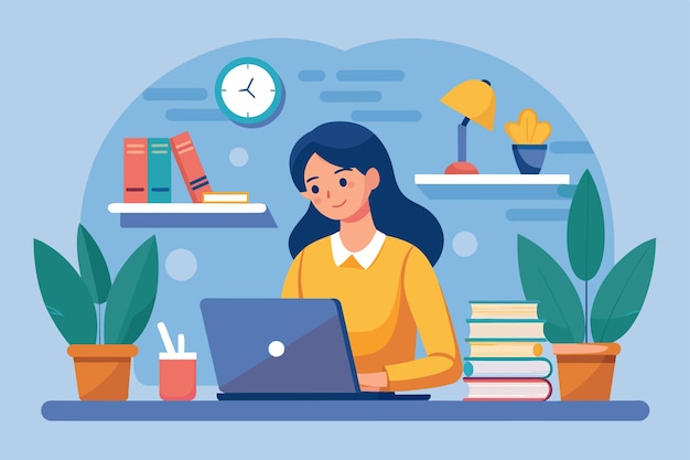 a woman sits at a desk focused on studying with a laptop in front of her woman studying in front of laptop simple and minimalist flat vector illustration