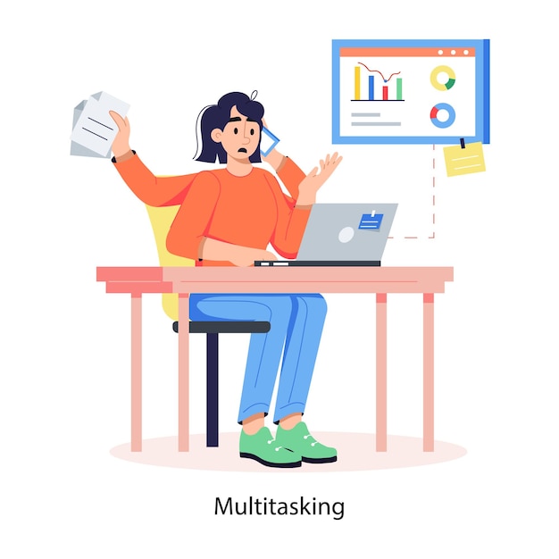 a woman sits at a desk with a laptop and a chart that says  multiply