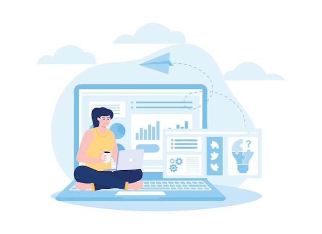 A woman working to solve a problem from home trending flat illustration