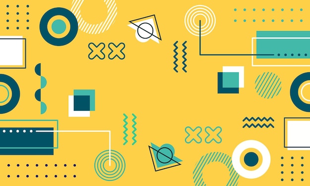 a yellow background with a blue and green geometric pattern