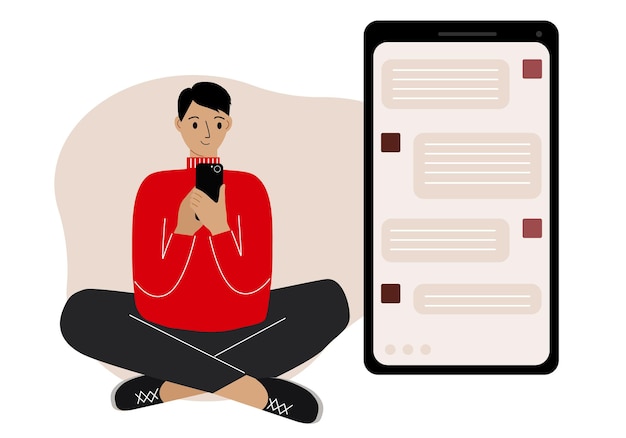 a young man is texting on the phone, sitting cross-legged. the phone screen is visible on a large scale. vector illustration.