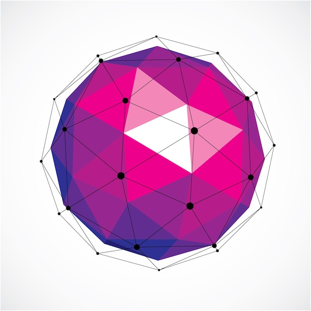 abstract 3d faceted figure with connected black lines and dots. purple vector low poly design element, cybernetic orb shape with grid and lines mesh.