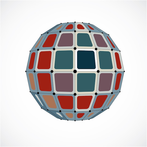 Abstract 3d faceted figure with connected black lines and dots. Vector low poly colorful design element created with squares. Cybernetic orb shape with grid and lines mesh.
