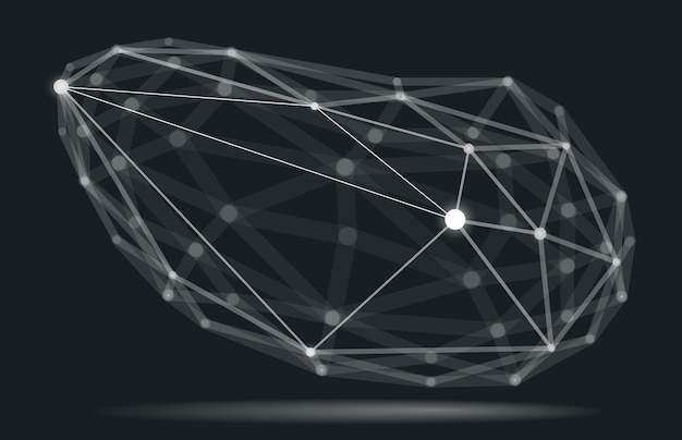 Abstract 3D mesh shape vector illustration, dots connected with lines technology polygonal object, dynamic tech and science lattice, with realistic depth of field effect.