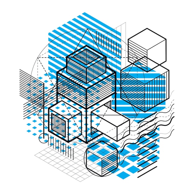 Abstract 3d shapes composition, vector isometric background. Composition of cubes, hexagons, squares, rectangles and different abstract elements.