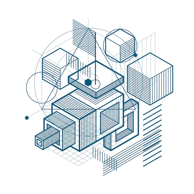 Abstract 3d shapes composition, vector isometric background. Composition of cubes, hexagons, squares, rectangles and different abstract elements.