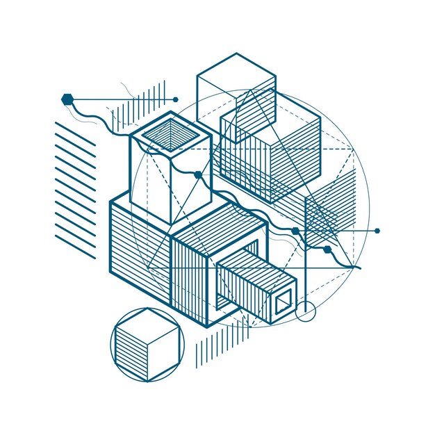 Abstract 3d shapes composition, vector isometric background. Composition of cubes, hexagons, squares, rectangles and different abstract elements.