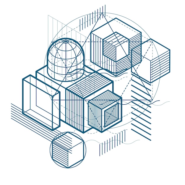 Abstract 3d shapes composition, vector isometric background. Composition of cubes, hexagons, squares, rectangles and different abstract elements.