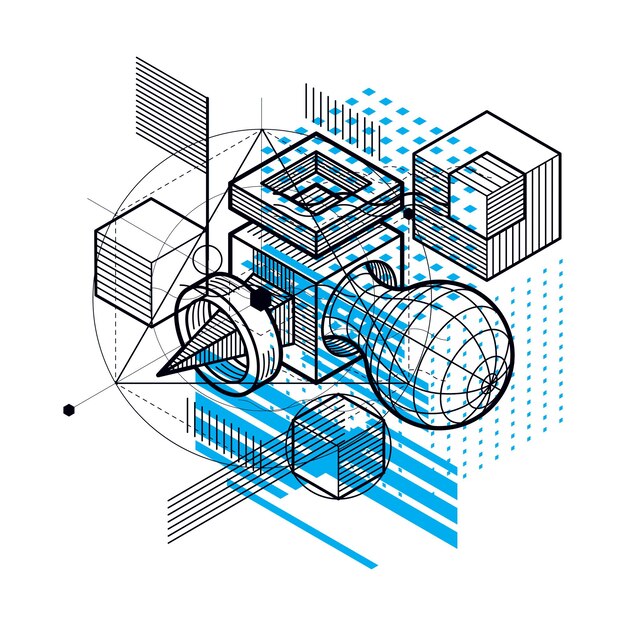 Abstract 3d shapes composition, vector isometric background. Composition of cubes, hexagons, squares, rectangles and different abstract elements.