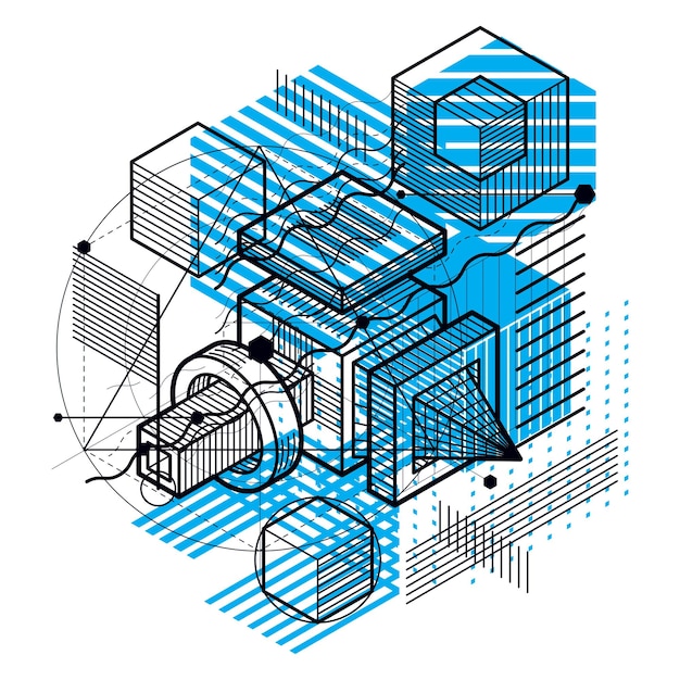 Abstract 3d shapes composition, vector isometric background. Composition of cubes, hexagons, squares, rectangles and different abstract elements.