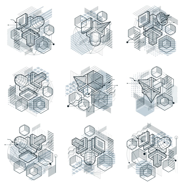 Abstract 3d shapes compositions, vector isometric backgrounds. Compositions of cubes, hexagons, squares, rectangles and different abstract elements. Vector collection.