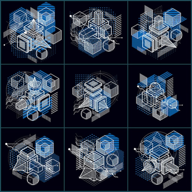 Abstract 3d shapes compositions, vector isometric backgrounds. Compositions of cubes, hexagons, squares, rectangles and different abstract elements. Vector collection.