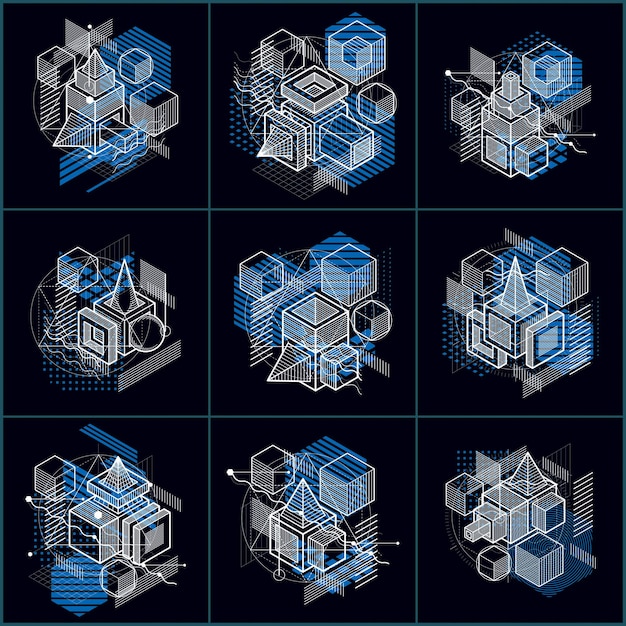 Abstract 3d shapes compositions, vector isometric backgrounds. Compositions of cubes, hexagons, squares, rectangles and different abstract elements. Vector collection.