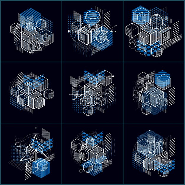 Abstract 3d shapes compositions, vector isometric backgrounds. Compositions of cubes, hexagons, squares, rectangles and different abstract elements. Vector collection.