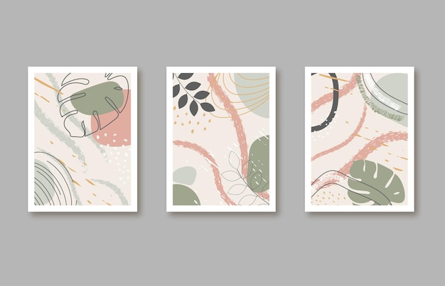 abstract art backgrounds set with botanical palm leaves and abstract geometric shapes