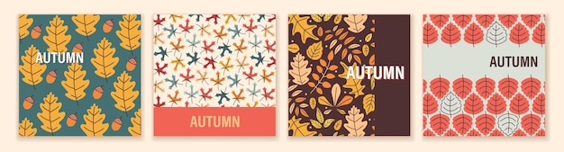abstract autumn posters set in trendy flat design hand drawn leaves plants in minimal style
