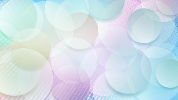 Abstract background of translucent circles and halftone dots in light blue and purple colors