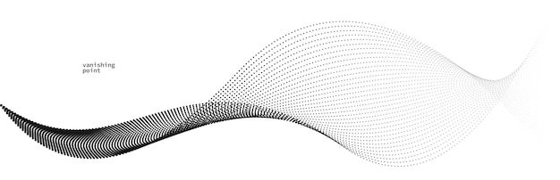 Abstract background vector illustration dots in motion by curve lines particles flow wave isolated monochrome black and white illustration