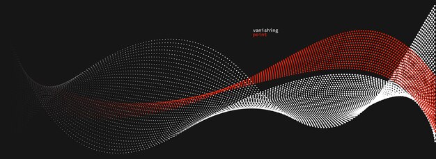 Abstract background vector illustration red and black dots in motion by curve lines particles flow wave isolated monochrome black and white illustration