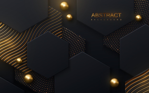 abstract background with black hexagon tiles textured with golden shiny patterns