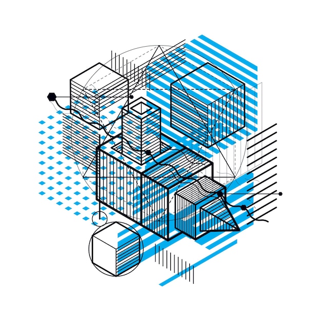 abstract background with isometric elements, vector linear art with lines and shapes. cubes, hexagons, squares, rectangles and different abstract elements.
