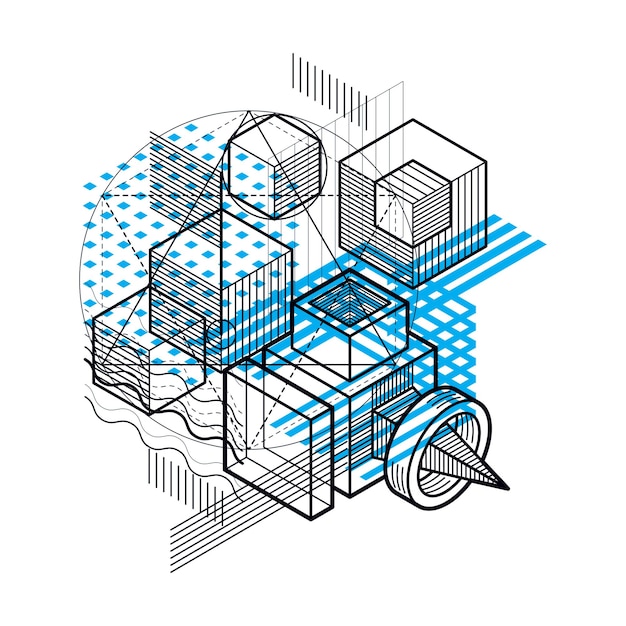 Abstract background with isometric lines, vector illustration. Template made with cubes, hexagons, squares, rectangles and different abstract elements.