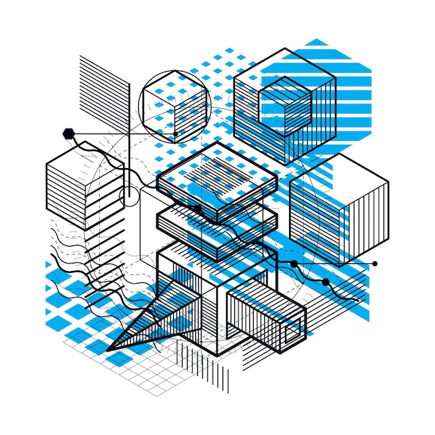 Abstract background with isometric lines, vector illustration. Template made with cubes, hexagons, squares, rectangles and different abstract elements.