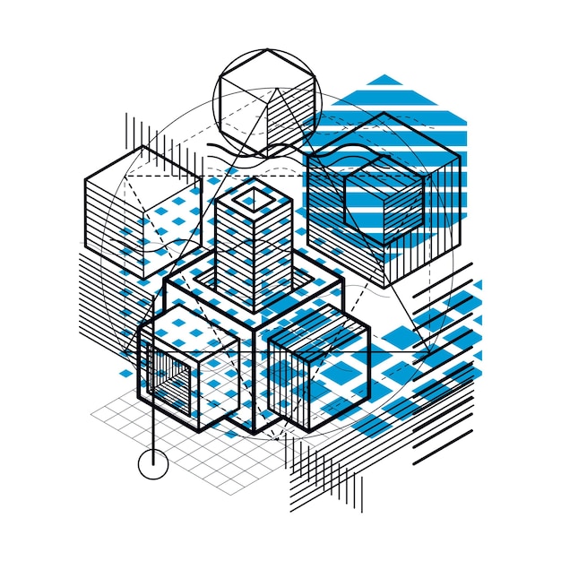 Abstract background with isometric lines, vector illustration. Template made with cubes, hexagons, squares, rectangles and different abstract elements.