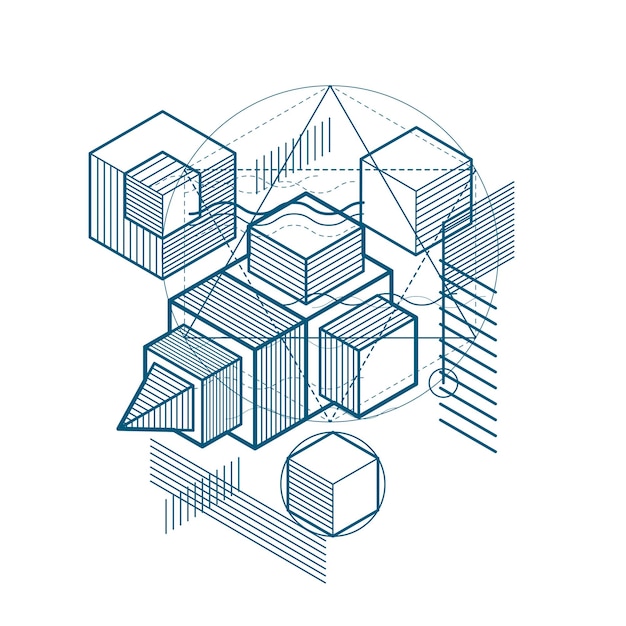 Abstract background with isometric lines, vector illustration. Template made with cubes, hexagons, squares, rectangles and different abstract elements.
