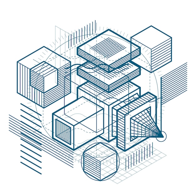 Abstract background with isometric lines, vector illustration. Template made with cubes, hexagons, squares, rectangles and different abstract elements.