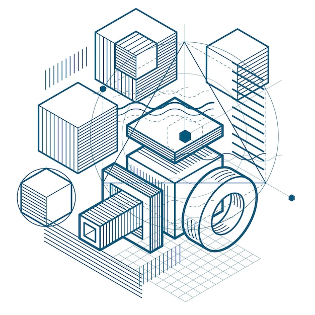 Abstract background with isometric lines, vector illustration. Template made with cubes, hexagons, squares, rectangles and different abstract elements.