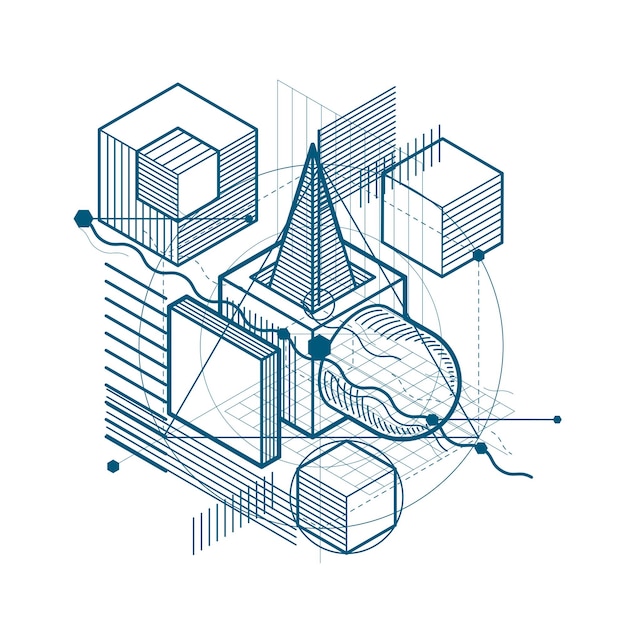 Abstract background with isometric lines, vector illustration. Template made with cubes, hexagons, squares, rectangles and different abstract elements.