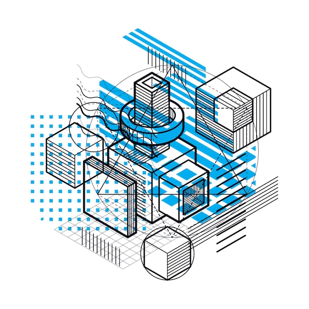 Abstract background with isometric lines, vector illustration. Template made with cubes, hexagons, squares, rectangles and different abstract elements.