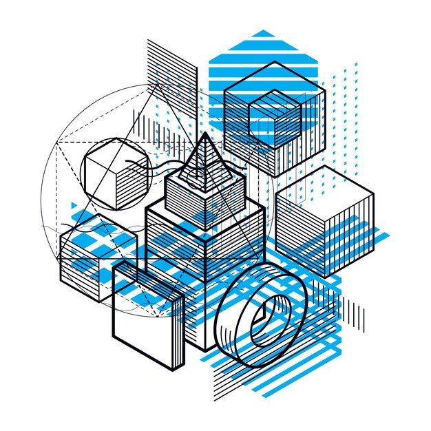Abstract background with isometric lines, vector illustration. Template made with cubes, hexagons, squares, rectangles and different abstract elements.