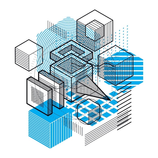 Abstract background with isometric lines, vector illustration. Template made with cubes, hexagons, squares, rectangles and different abstract elements.