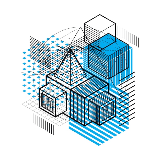 Abstract background with isometric lines, vector illustration. Template made with cubes, hexagons, squares, rectangles and different abstract elements.