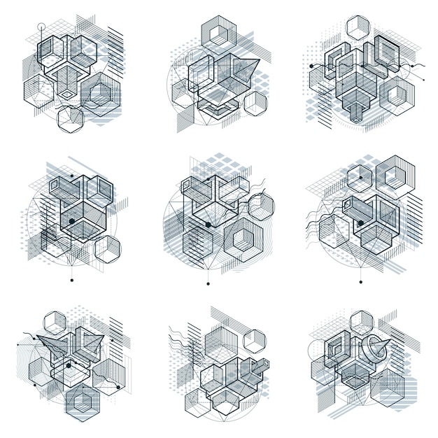 Abstract backgrounds with isometric lines, vector illustrations. Templates made with cubes, hexagons, squares, rectangles and different abstract elements. Vector set.