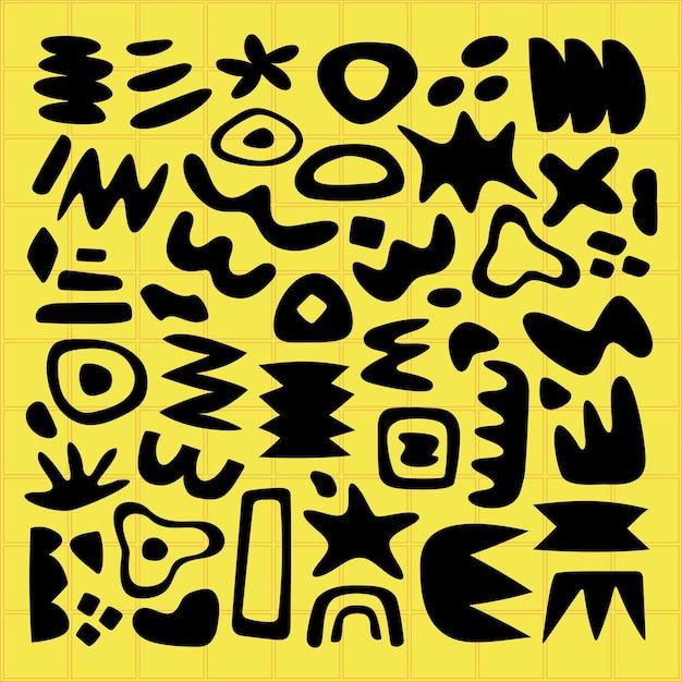 Abstract black shapes on a yellow background Geometric and organic forms create a dynamic pattern Abstract design with bold black shapes on yellow Funky shapes vector set