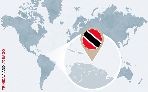 Abstract blue world map with magnified Trinidad and Tobago Trinidad and Tobago flag and map Vector Illustration