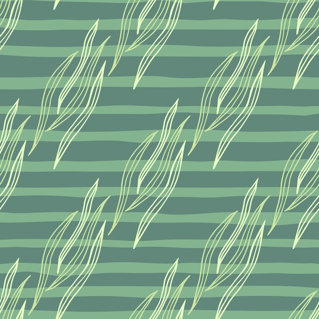 Abstract botanical outline shapes seamless pattern on green stripe background.