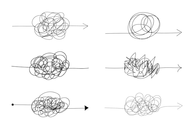 abstract chaotic insane knot arrow. doodle difficult clew way, tangled scribble lines. vector set