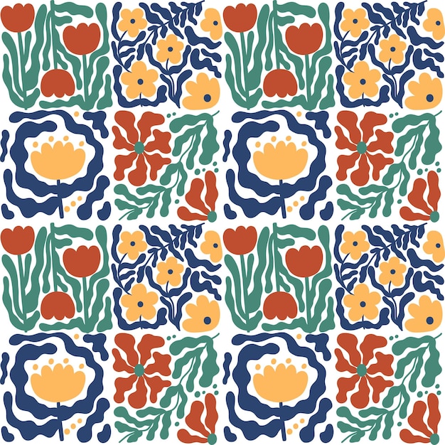 Abstract colorful flower seamless pattern floral doodle shapes in trendy naive hippie 70s style