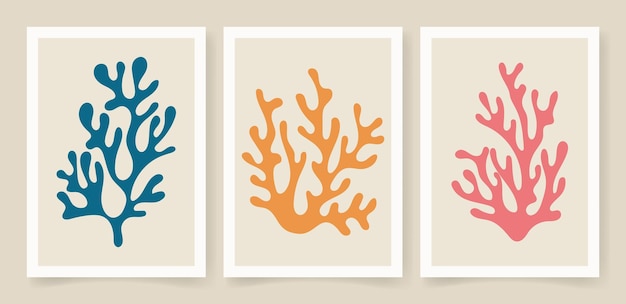 Abstract coral posters Contemporary organic shapes minimalist in Matisse style graphic vector illustration