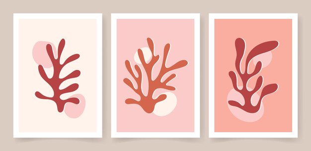 Abstract coral posters Contemporary organic shapes minimalist in Matisse style graphic vector illustration