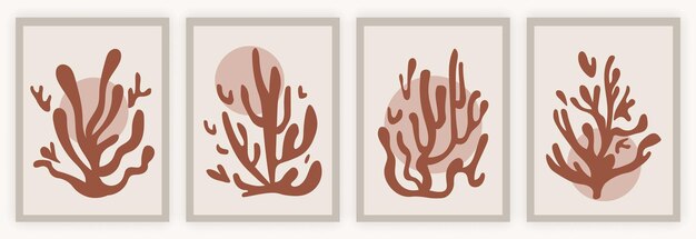Abstract coral posters modern minimalistic collection of sea leaves of various shapes art for