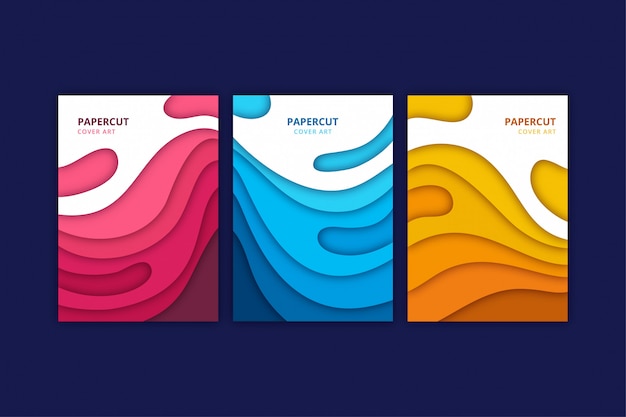 Abstract cover set. Papercut   in colorful pink red blue yellow    