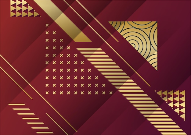 Abstract Dark Background with Geometric Shape and Golden Element Combination. Red and gold background with luxury golden lines