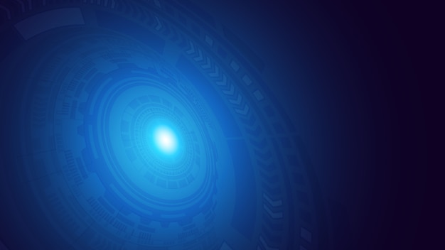 Abstract dark blue digital hud futuristic circle circuits patterns with flare rays background. Hi-tech illustration. HUD user interface. Perspective. Science and space technology.  .