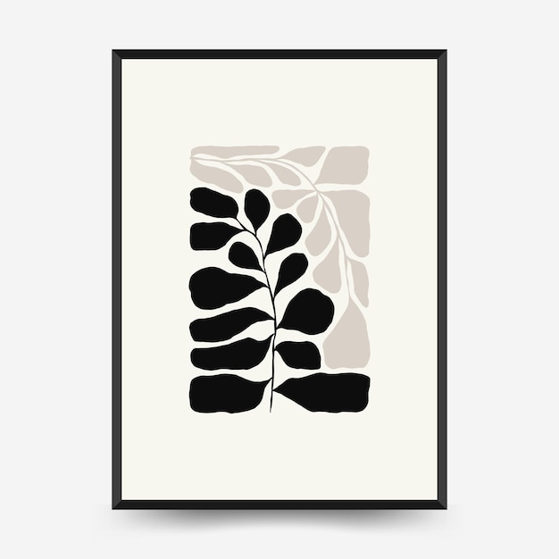 Abstract dark floral posters template Modern trendy Matisse minimal style Black and white colors