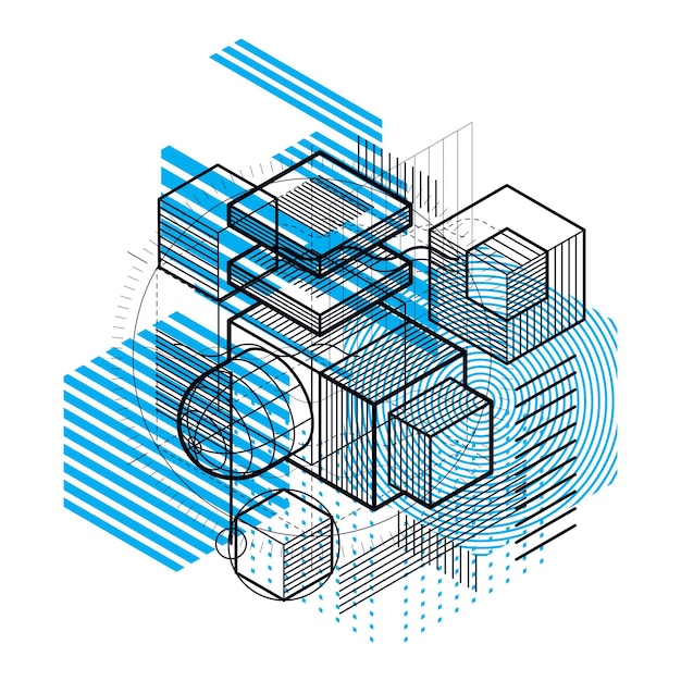 Abstract design with 3d linear mesh shapes and figures, vector isometric background. Cubes, hexagons, squares, rectangles and different abstract elements.